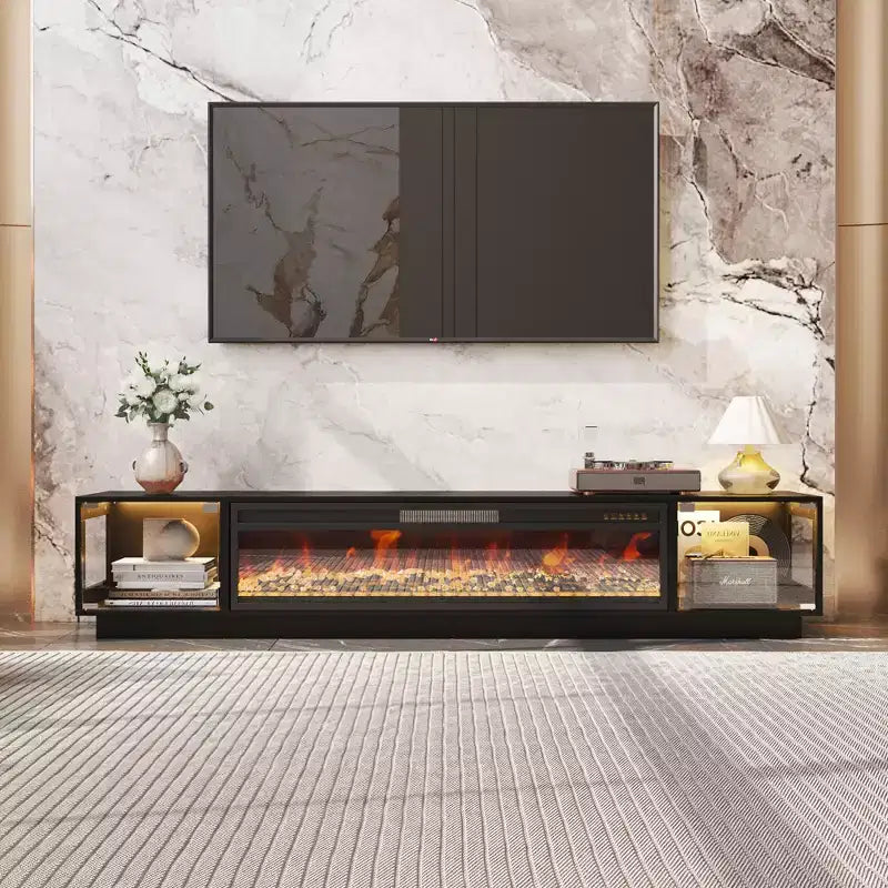 Black 2-in-1 Media Console+Electric Fireplace,78.7 TV Stand with Glass-Door Storage,12 Colors+5 Brightness ,Entertainment Center & Heating Hub