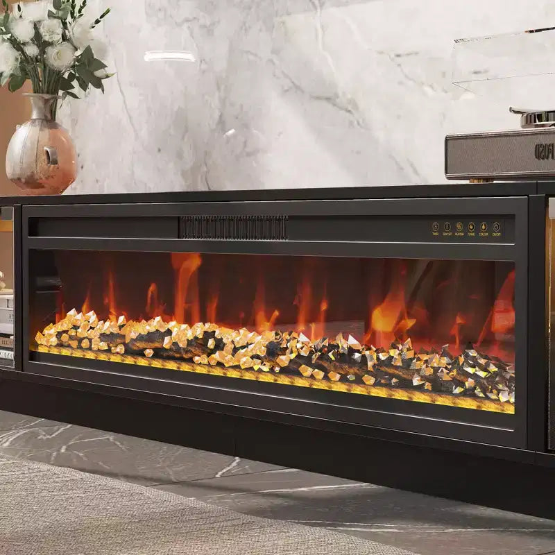 Console multimédia 2 en 1 noire + cheminée électrique, meuble TV de 78,7 po avec rangement à portes vitrées, 12 couleurs + 5 niveaux de luminosité, centre de divertissement et pôle de chauffage