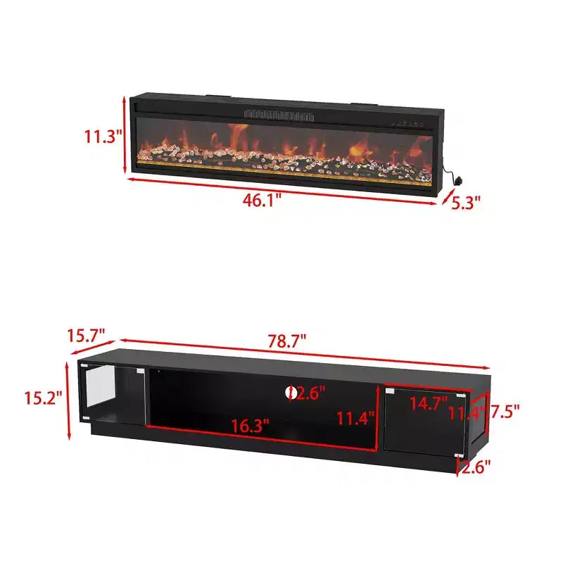 Console multimédia 2 en 1 noire + cheminée électrique, meuble TV de 78,7 po avec rangement à portes vitrées, 12 couleurs + 5 niveaux de luminosité, centre de divertissement et pôle de chauffage