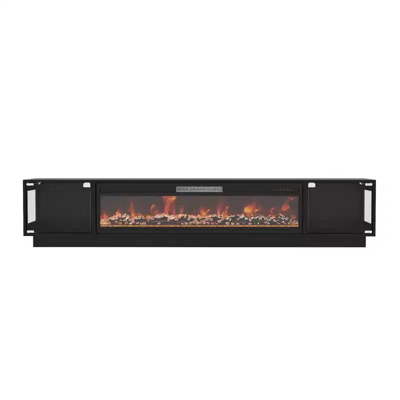 Console multimédia 2 en 1 noire + cheminée électrique, meuble TV de 78,7 po avec rangement à portes vitrées, 12 couleurs + 5 niveaux de luminosité, centre de divertissement et pôle de chauffage
