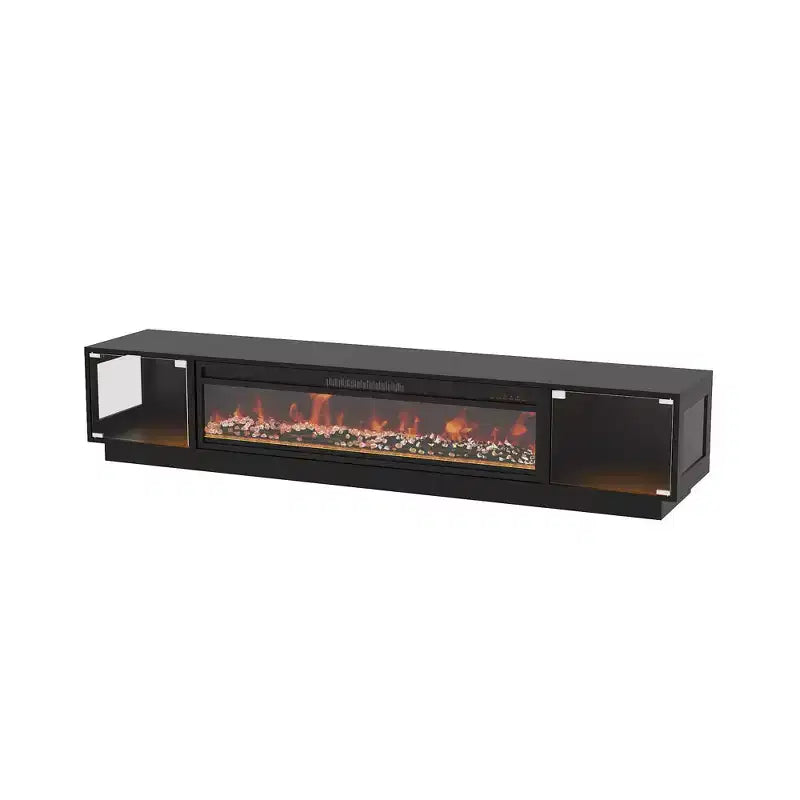 Console multimédia 2 en 1 noire + cheminée électrique, meuble TV de 78,7 po avec rangement à portes vitrées, 12 couleurs + 5 niveaux de luminosité, centre de divertissement et pôle de chauffage
