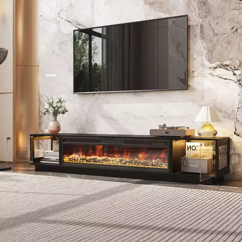 Console multimédia 2 en 1 noire + cheminée électrique, meuble TV de 78,7 po avec rangement à portes vitrées, 12 couleurs + 5 niveaux de luminosité, centre de divertissement et pôle de chauffage