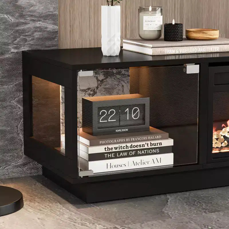 Console multimédia 2 en 1 noire + cheminée électrique, meuble TV de 78,7 po avec rangement à portes vitrées, 12 couleurs + 5 niveaux de luminosité, centre de divertissement et pôle de chauffage