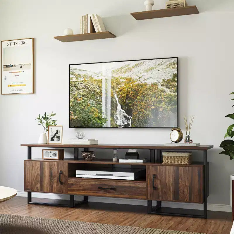 Meuble TV de 75 pouces, meuble de divertissement moderne du milieu du siècle avec rangement, grand meuble média avec tiroirs pour salon