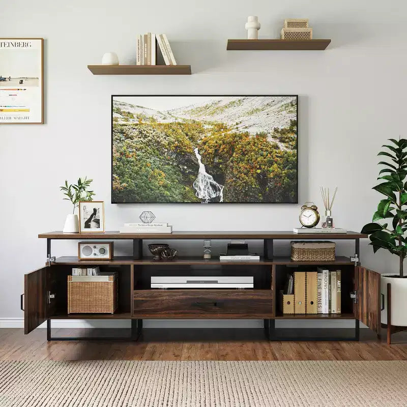 Meuble TV de 75 pouces, meuble de divertissement moderne du milieu du siècle avec rangement, grand meuble média avec tiroirs pour salon