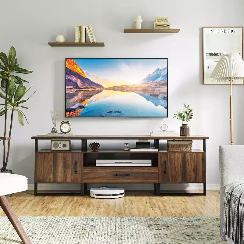 Meuble TV de 75 pouces, meuble de divertissement moderne du milieu du siècle avec rangement, grand meuble média avec tiroirs pour salon