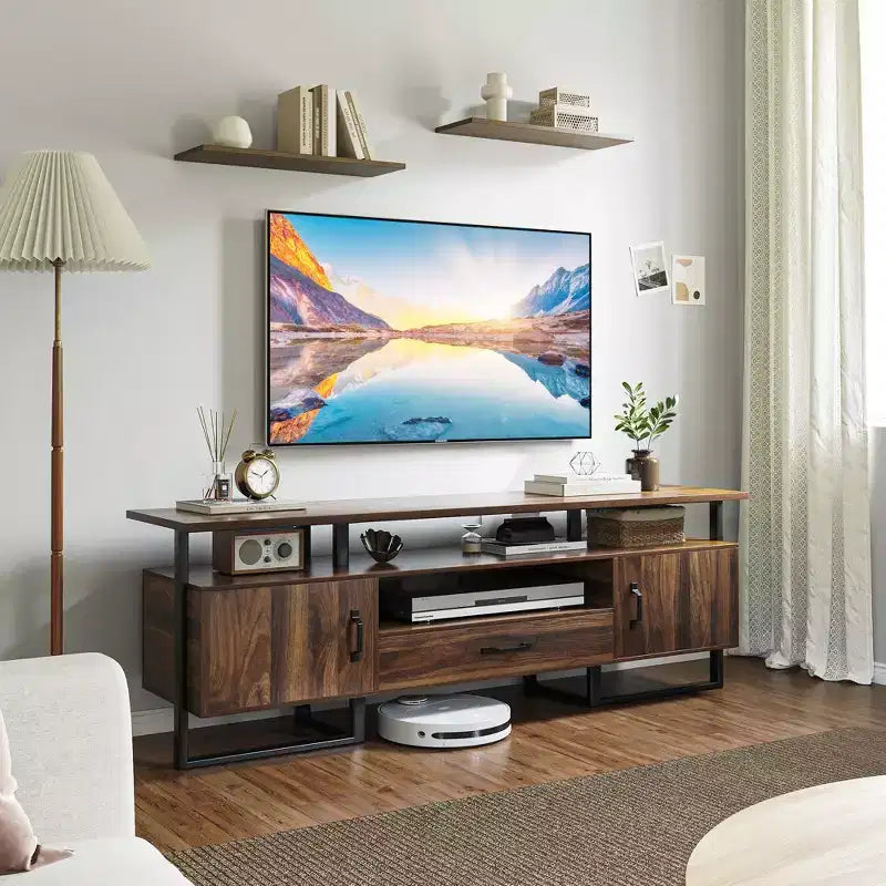 Meuble TV de 75 pouces, meuble de divertissement moderne du milieu du siècle avec rangement, grand meuble média avec tiroirs pour salon