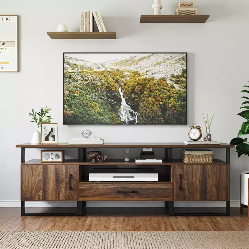 Meuble TV de 75 pouces, meuble de divertissement moderne du milieu du siècle avec rangement, grand meuble média avec tiroirs pour salon