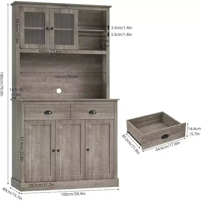 redenza Cuisine 180 cm avec Portes, Étagères et Tiroir, Armoire Haute en Bois Style Ferme avec Plateau Ouvert