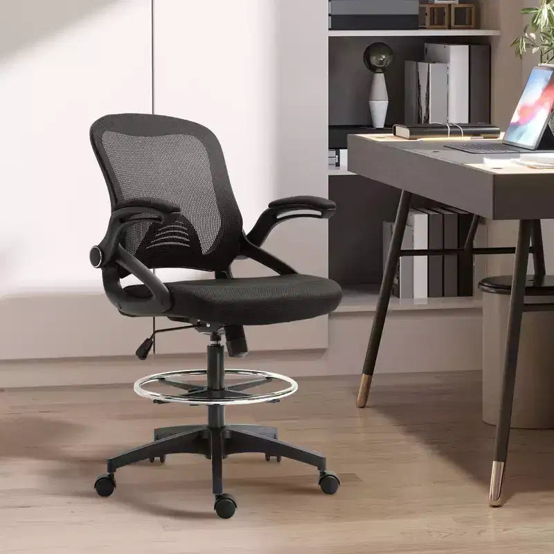 Chaise de bureau Vinsetto en maille filet, chaise haute avec support lombaire, accoudoirs relevables, repose-pieds circulaire et hauteur d'assise réglable, noir