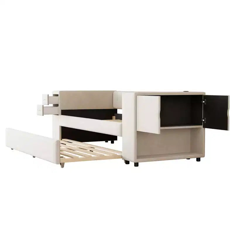Lit de repos rembourré simple avec rangement et lit gigogne, cadre de canapé en velours avec ports de chargement USB pour salon