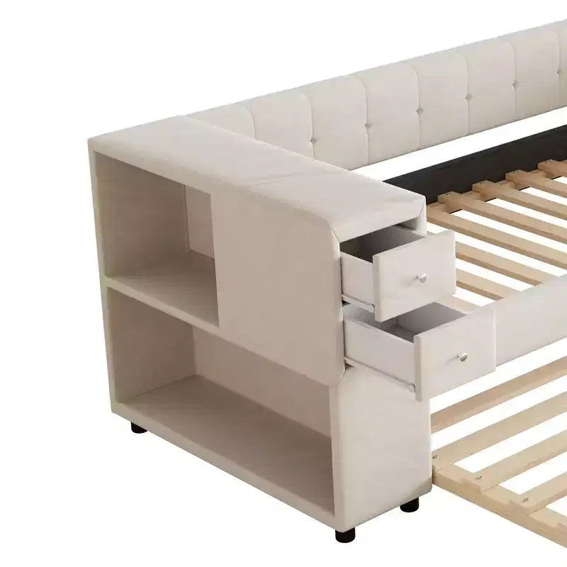 Lit de repos rembourré simple avec rangement et lit gigogne, cadre de canapé en velours avec ports de chargement USB pour salon
