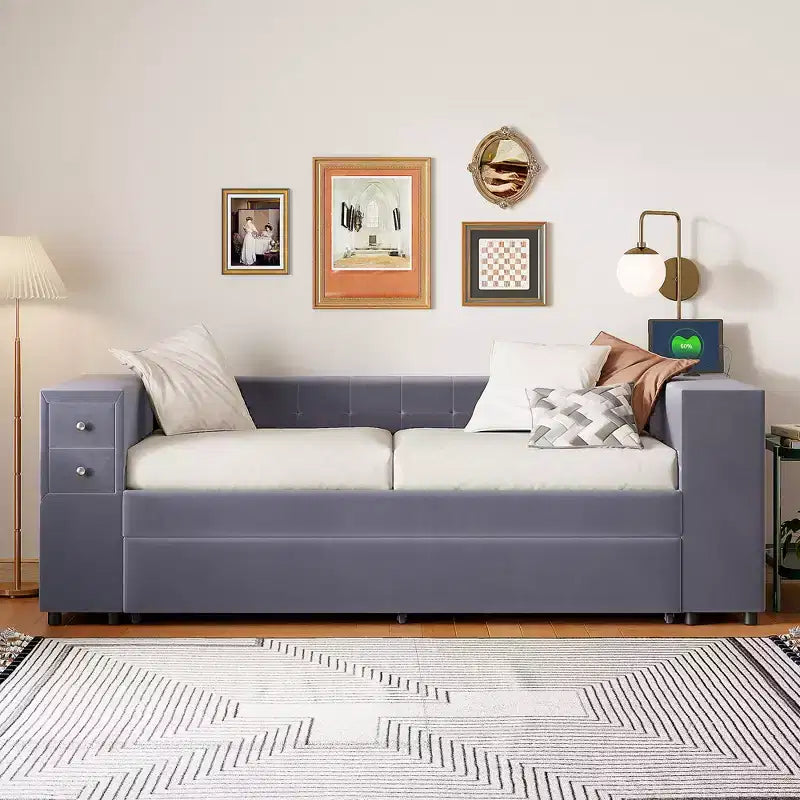 Lit de repos rembourré simple avec rangement et lit gigogne, cadre de canapé en velours avec ports de chargement USB pour salon