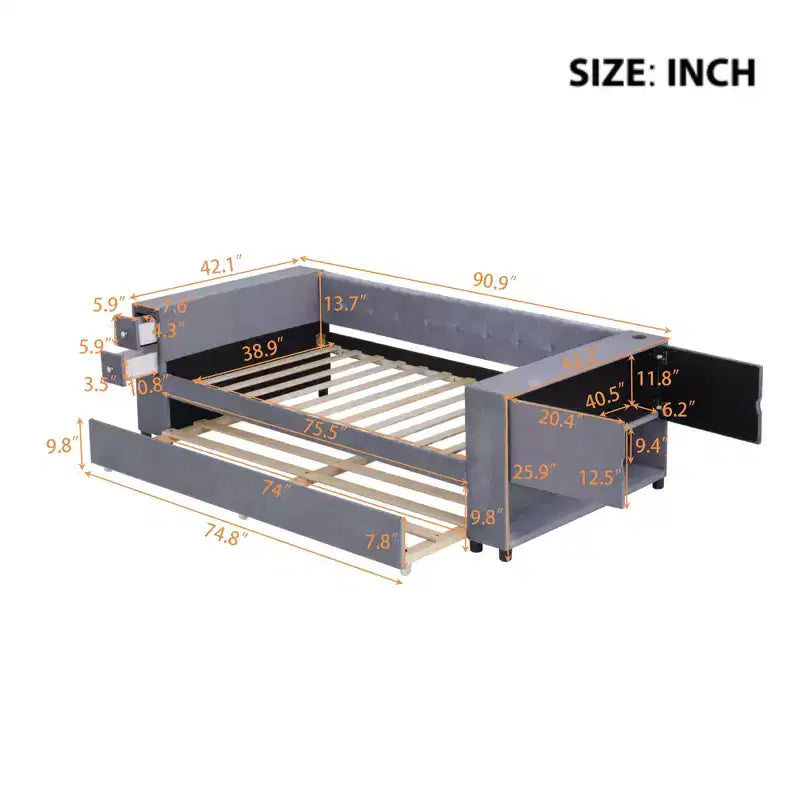 Lit de repos rembourré simple avec rangement et lit gigogne, cadre de canapé en velours avec ports de chargement USB pour salon