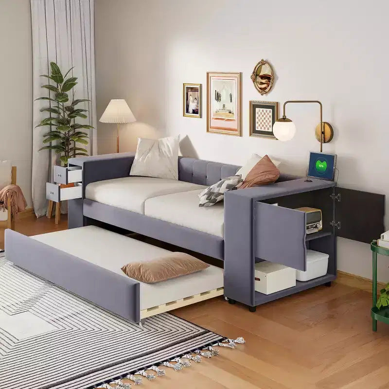 Lit de repos rembourré simple avec rangement et lit gigogne, cadre de canapé en velours avec ports de chargement USB pour salon
