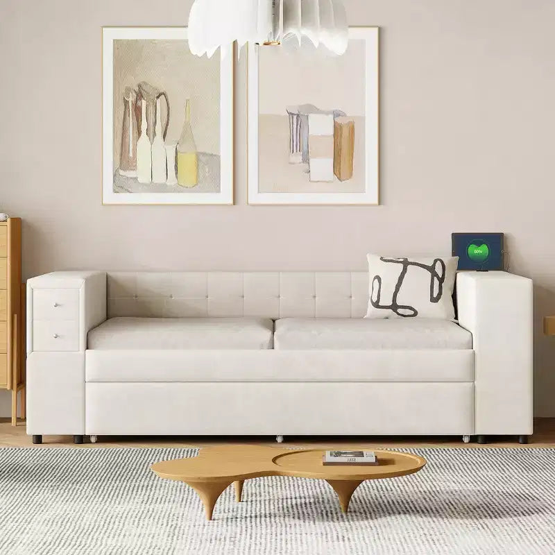 Upholstered Twin Size Daybed with Storage and Trundle, Velvet Sofa Bed Frame with USB Charging Ports for Living Room