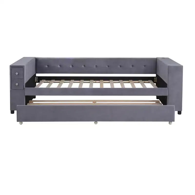 Lit de repos rembourré simple avec rangement et lit gigogne, cadre de canapé en velours avec ports de chargement USB pour salon