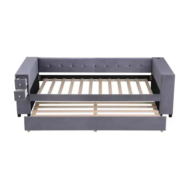 Lit de repos rembourré simple avec rangement et lit gigogne, cadre de canapé en velours avec ports de chargement USB pour salon