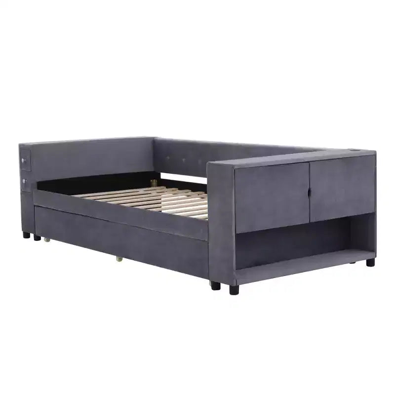 Lit de repos rembourré simple avec rangement et lit gigogne, cadre de canapé en velours avec ports de chargement USB pour salon