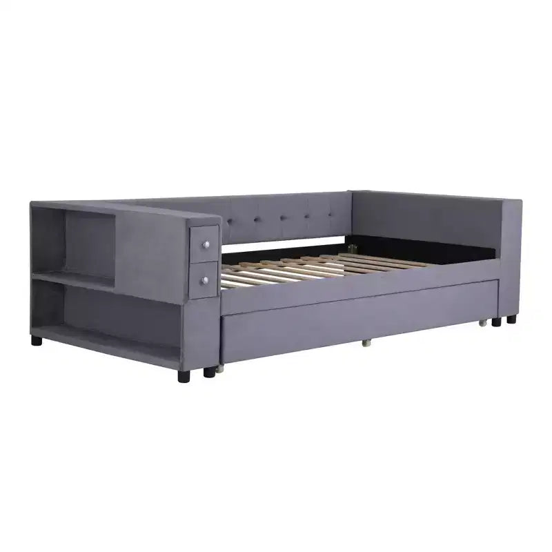 Lit de repos rembourré simple avec rangement et lit gigogne, cadre de canapé en velours avec ports de chargement USB pour salon