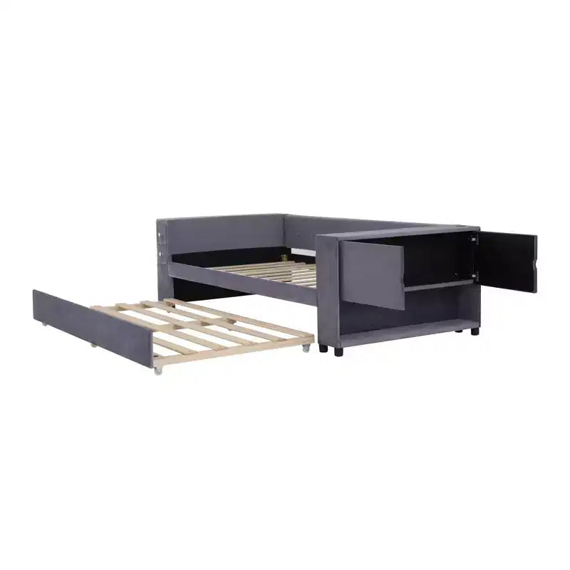 Lit de repos rembourré simple avec rangement et lit gigogne, cadre de canapé en velours avec ports de chargement USB pour salon
