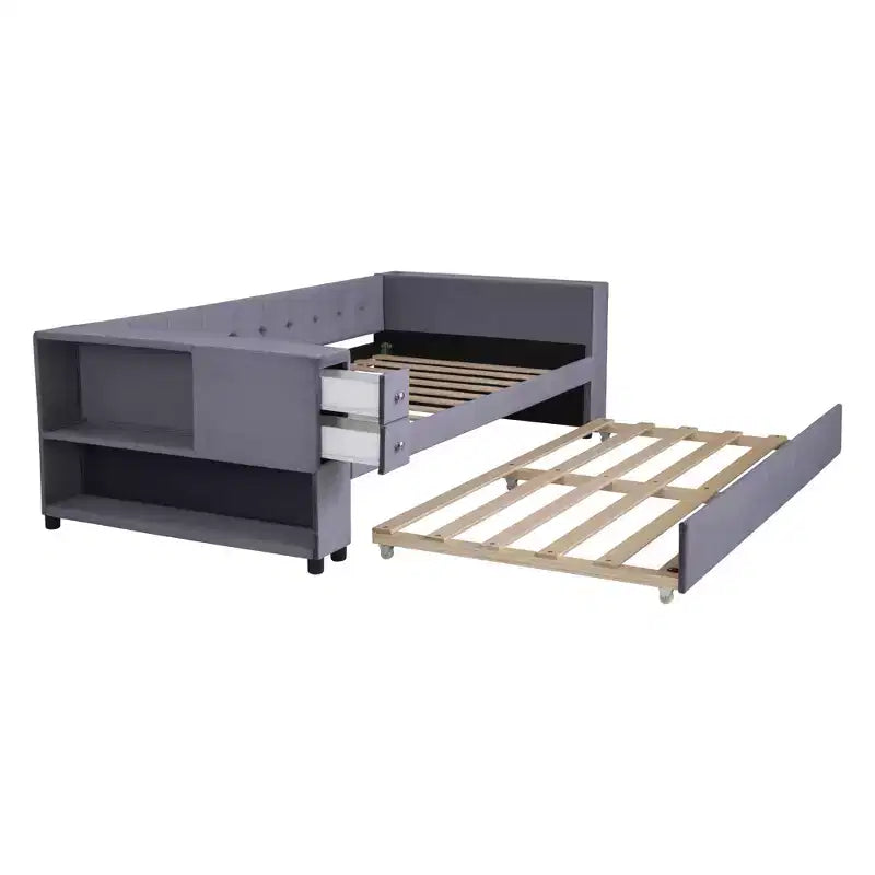 Lit de repos rembourré simple avec rangement et lit gigogne, cadre de canapé en velours avec ports de chargement USB pour salon