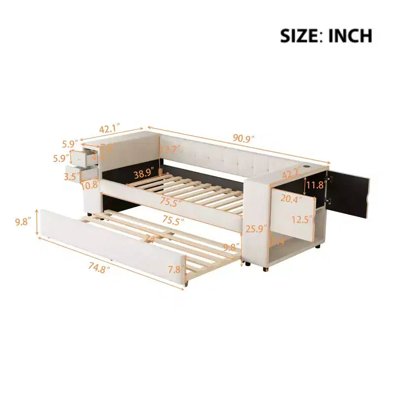 Upholstered Twin Size Daybed with Storage and Trundle, Velvet Sofa Bed Frame with USB Charging Ports for Living Room