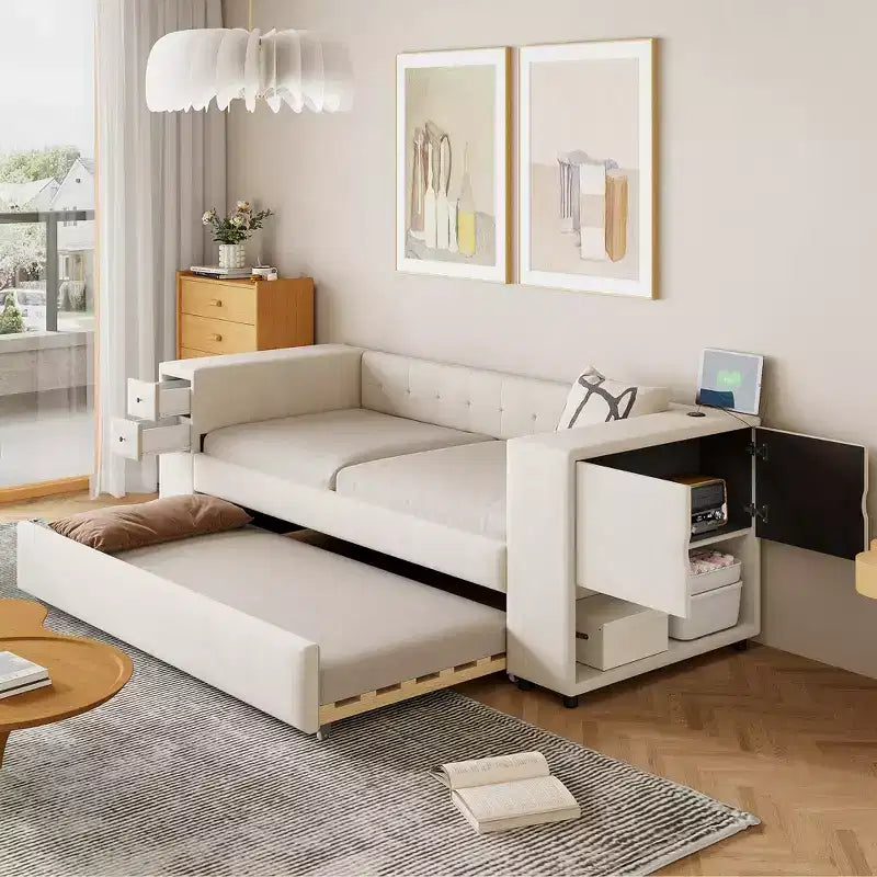 Upholstered Twin Size Daybed with Storage and Trundle, Velvet Sofa Bed Frame with USB Charging Ports for Living Room