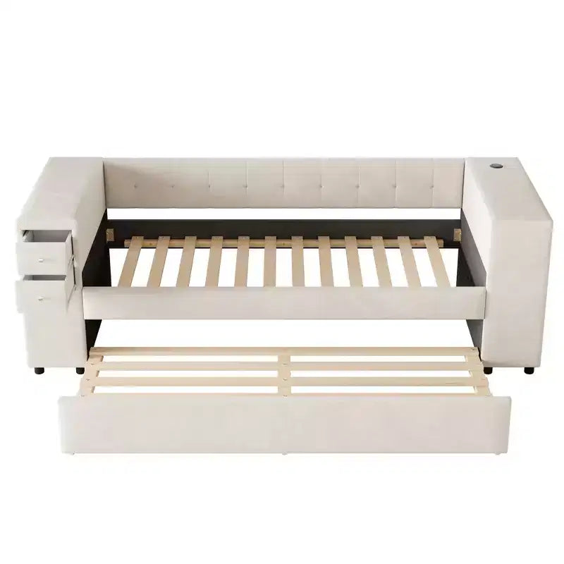 Lit de repos rembourré simple avec rangement et lit gigogne, cadre de canapé en velours avec ports de chargement USB pour salon