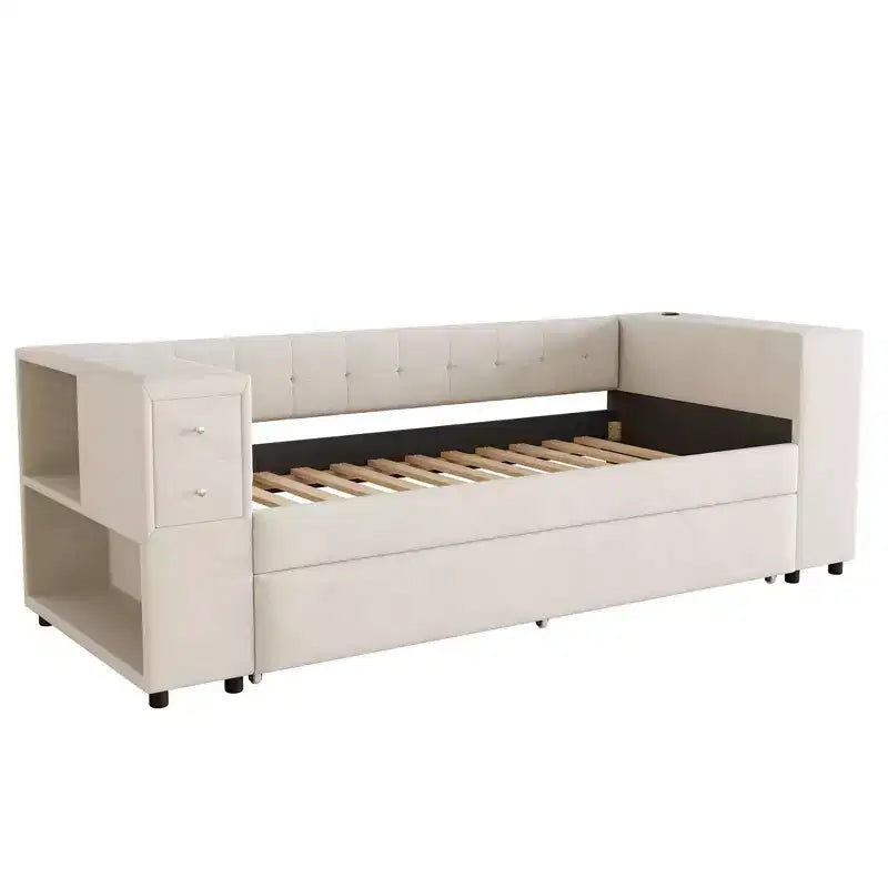 Lit de repos rembourré simple avec rangement et lit gigogne, cadre de canapé en velours avec ports de chargement USB pour salon
