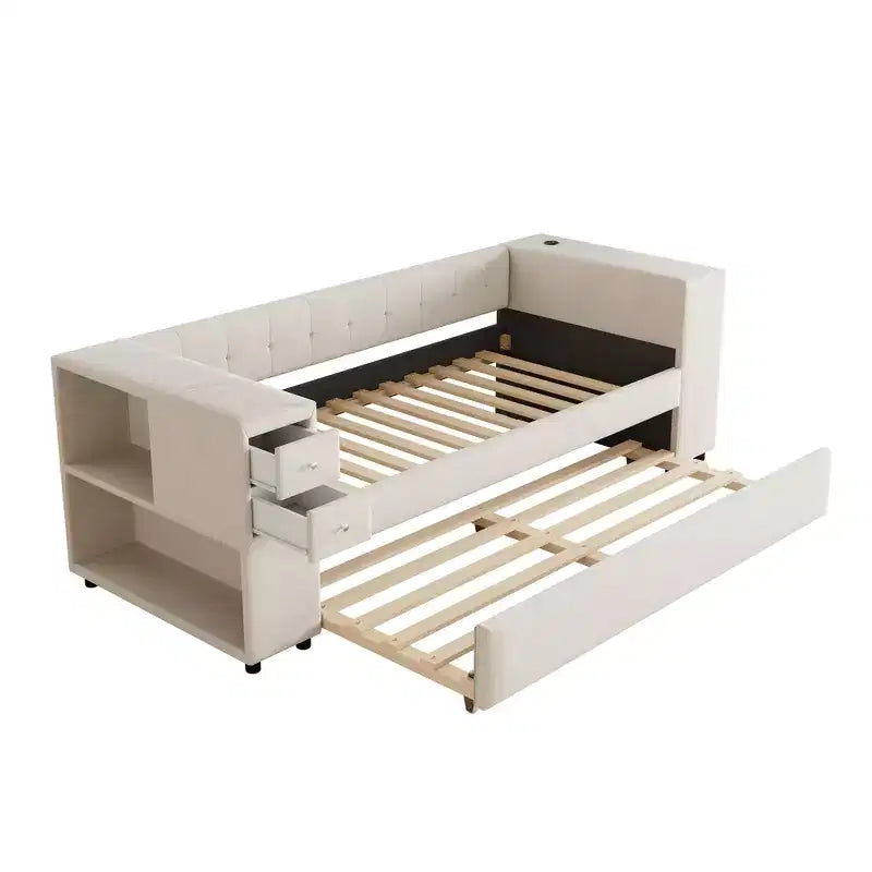 Lit de repos rembourré simple avec rangement et lit gigogne, cadre de canapé en velours avec ports de chargement USB pour salon