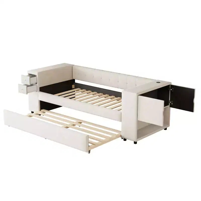 Lit de repos rembourré simple avec rangement et lit gigogne, cadre de canapé en velours avec ports de chargement USB pour salon