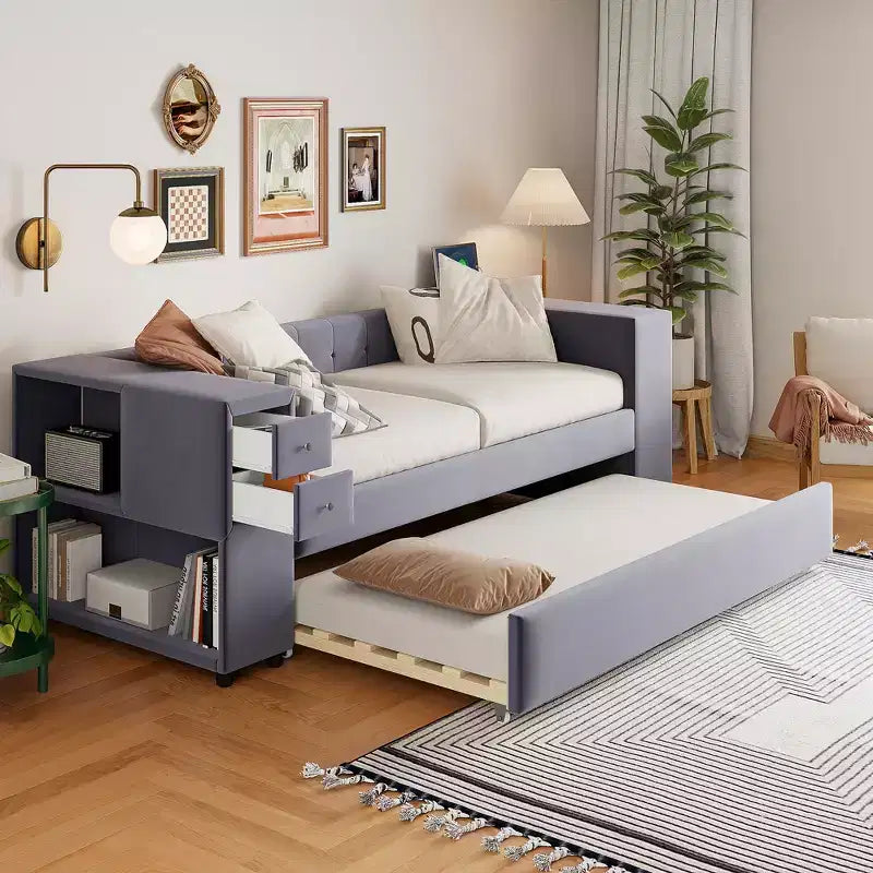 Upholstered Twin Size Daybed with Storage and Trundle, Velvet Sofa Bed Frame with USB Charging Ports for Living Room
