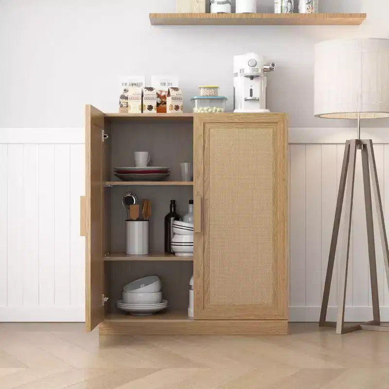36" Bahut modulable avec rangement, Buffet de ferme avec portes en rotin pour Salon, Cuisine, Salle à manger, Entrée, Naturel