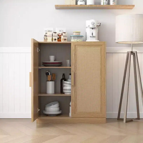 36" Bahut modulable avec rangement, Buffet de ferme avec portes en rotin pour Salon, Cuisine, Salle à manger, Entrée, Naturel