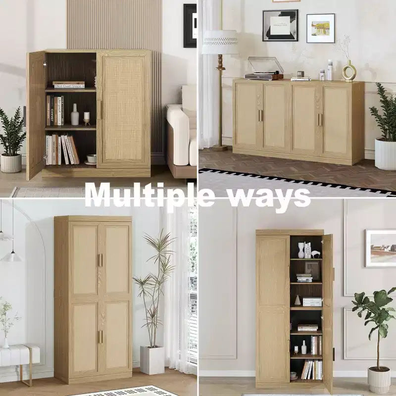 36" Bahut modulable avec rangement, Buffet de ferme avec portes en rotin pour Salon, Cuisine, Salle à manger, Entrée, Naturel