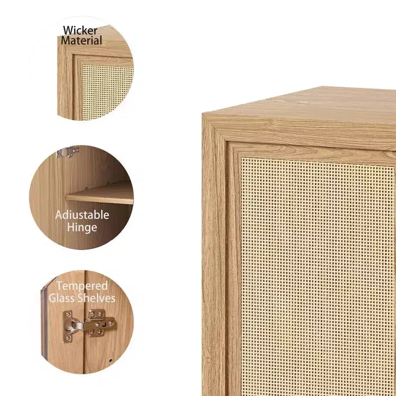 36" Bahut modulable avec rangement, Buffet de ferme avec portes en rotin pour Salon, Cuisine, Salle à manger, Entrée, Naturel