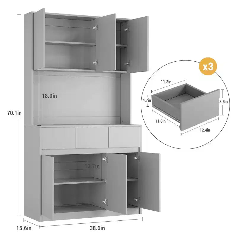 71" Armoire de cuisine haute avec étagères et portes réglables, étagère pour micro-ondes, bar à café avec lumières LED et station de recharge, pour salon