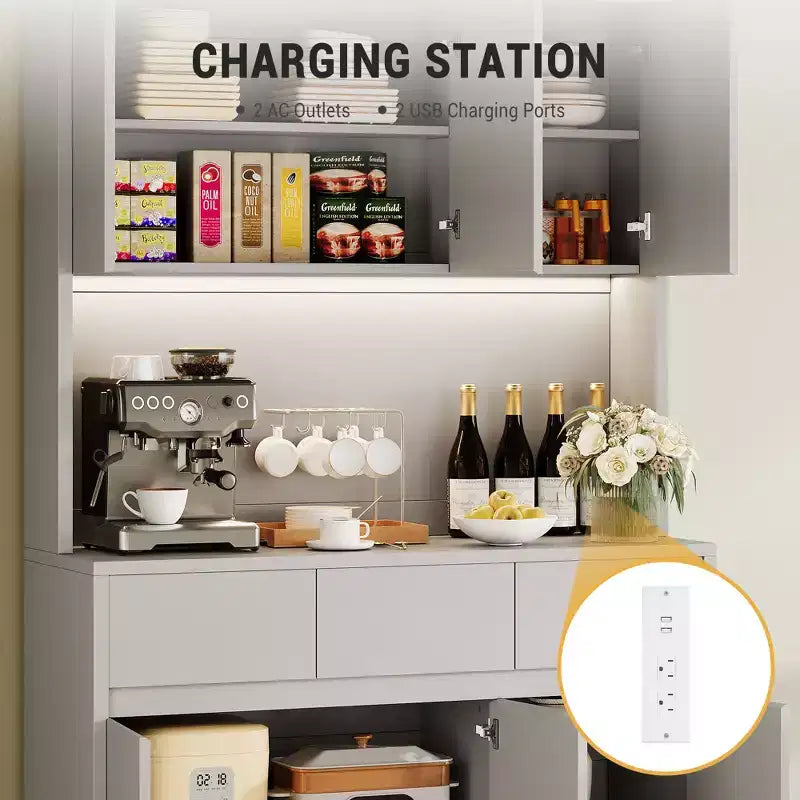 71" Armoire de cuisine haute avec étagères et portes réglables, étagère pour micro-ondes, bar à café avec lumières LED et station de recharge, pour salon