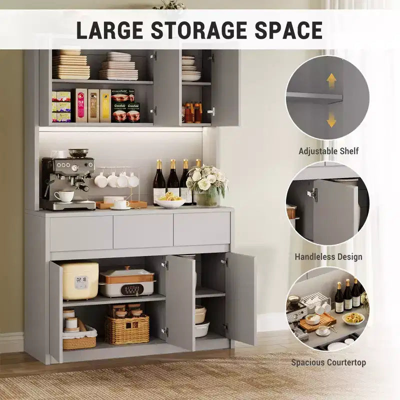 71" Armoire de cuisine haute avec étagères et portes réglables, étagère pour micro-ondes, bar à café avec lumières LED et station de recharge, pour salon