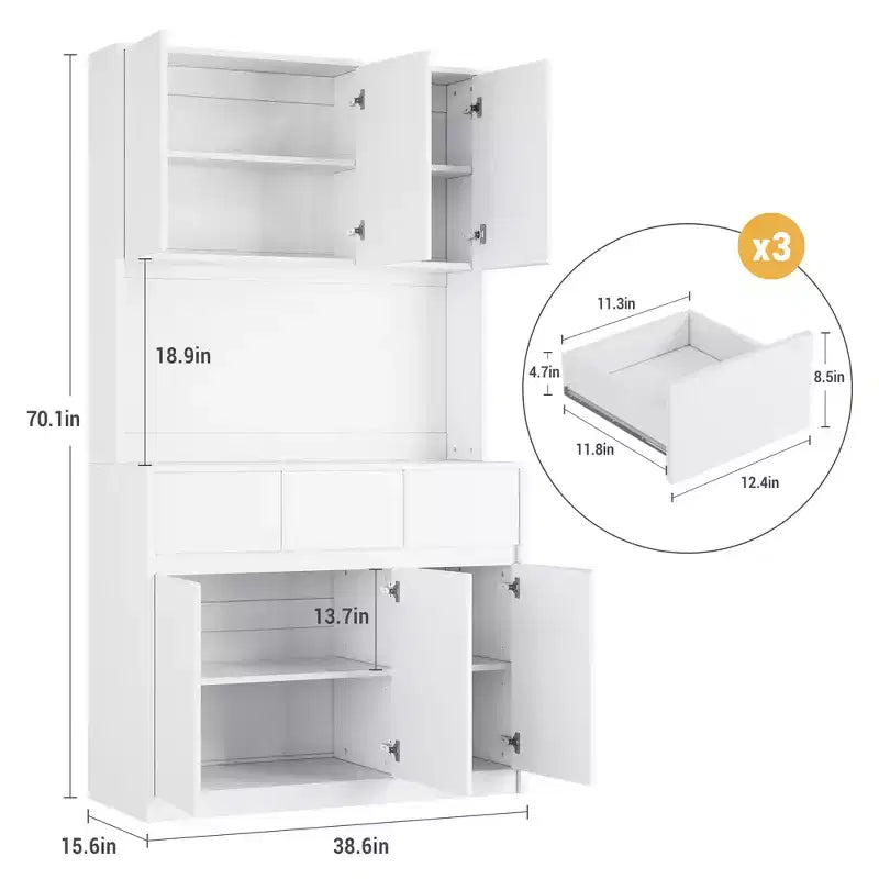 71" Armoire de cuisine haute avec étagères et portes réglables, étagère pour micro-ondes, bar à café avec lumières LED et station de recharge, pour salon