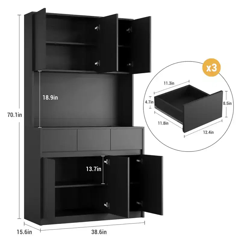 71" Armoire de cuisine haute avec étagères et portes réglables, étagère pour micro-ondes, bar à café avec lumières LED et station de recharge, pour salon