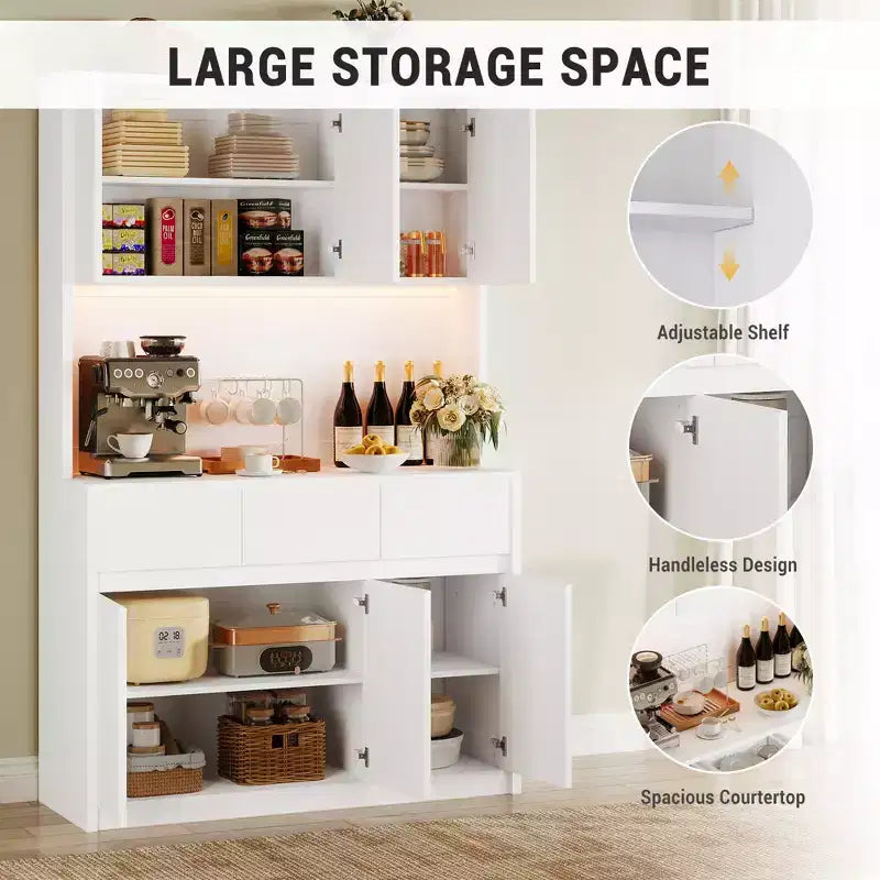 71" Armoire de cuisine haute avec étagères et portes réglables, étagère pour micro-ondes, bar à café avec lumières LED et station de recharge, pour salon