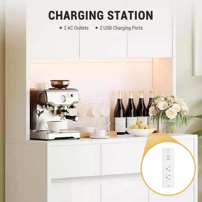 71" Armoire de cuisine haute avec étagères et portes réglables, étagère pour micro-ondes, bar à café avec lumières LED et station de recharge, pour salon