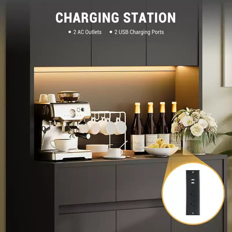 71" Armoire de cuisine haute avec étagères et portes réglables, étagère pour micro-ondes, bar à café avec lumières LED et station de recharge, pour salon