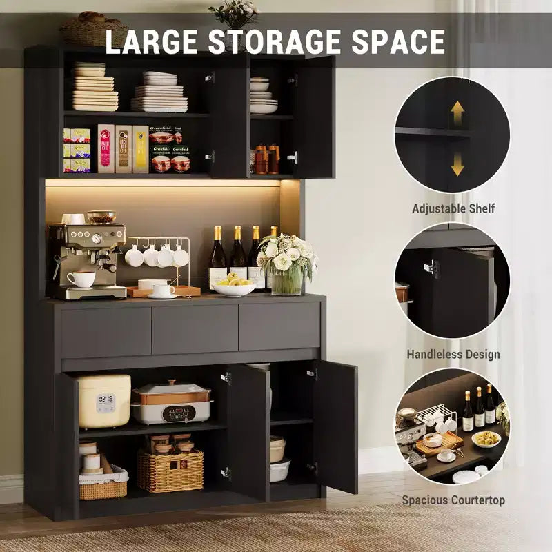 71" Armoire de cuisine haute avec étagères et portes réglables, étagère pour micro-ondes, bar à café avec lumières LED et station de recharge, pour salon