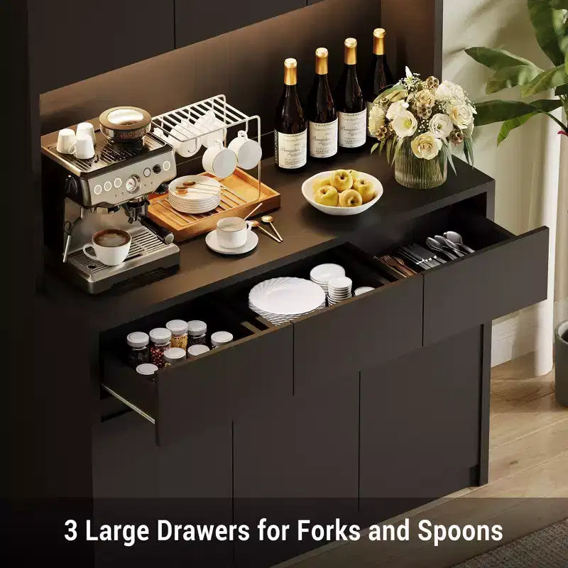 71" Armoire de cuisine haute avec étagères et portes réglables, étagère pour micro-ondes, bar à café avec lumières LED et station de recharge, pour salon