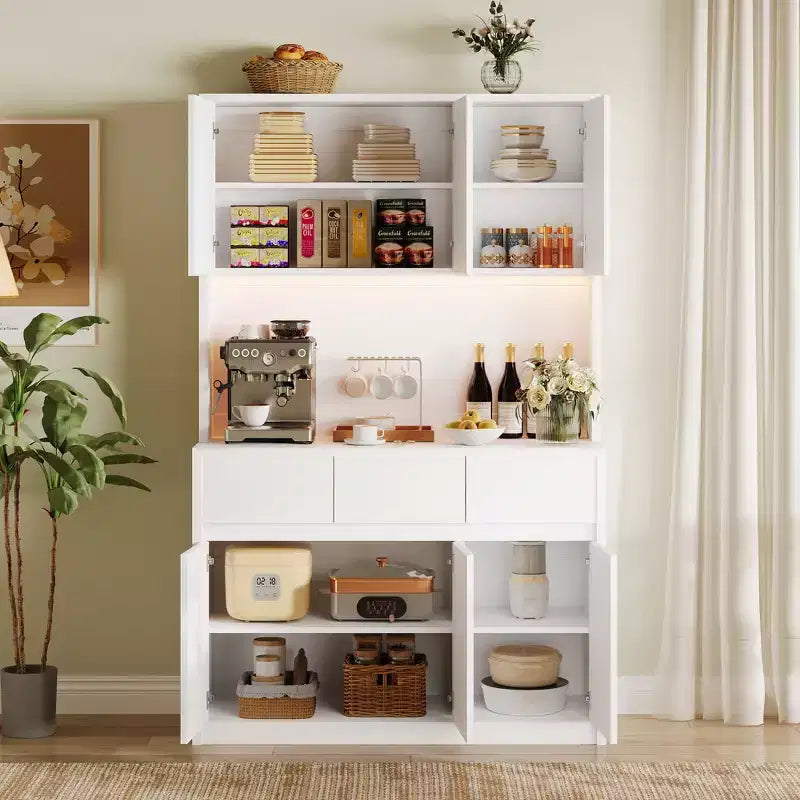 71" Armoire de cuisine haute avec étagères et portes réglables, étagère pour micro-ondes, bar à café avec lumières LED et station de recharge, pour salon