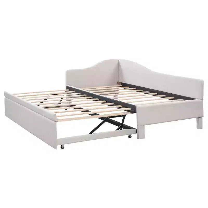 Lit plateforme en forme de L, taille double, avec lit gigogne escamotable, cadre de lit d'angle en bois rembourré pour chambre à coucher