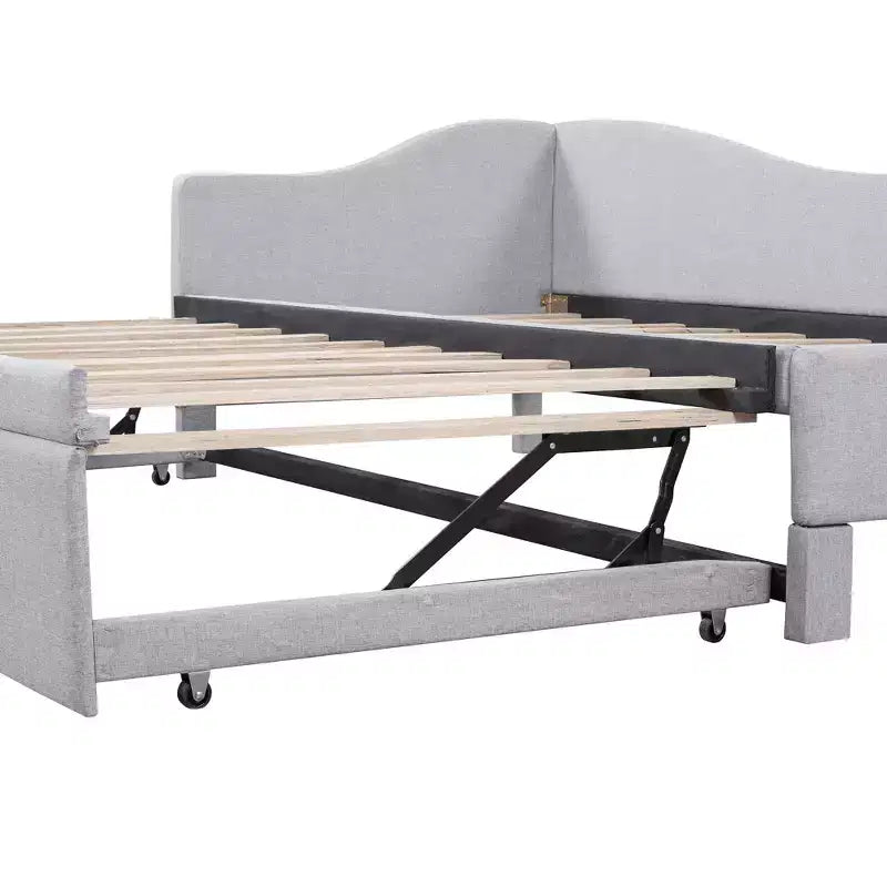 Lit plateforme en forme de L, taille double, avec lit gigogne escamotable, cadre de lit d'angle en bois rembourré pour chambre à coucher
